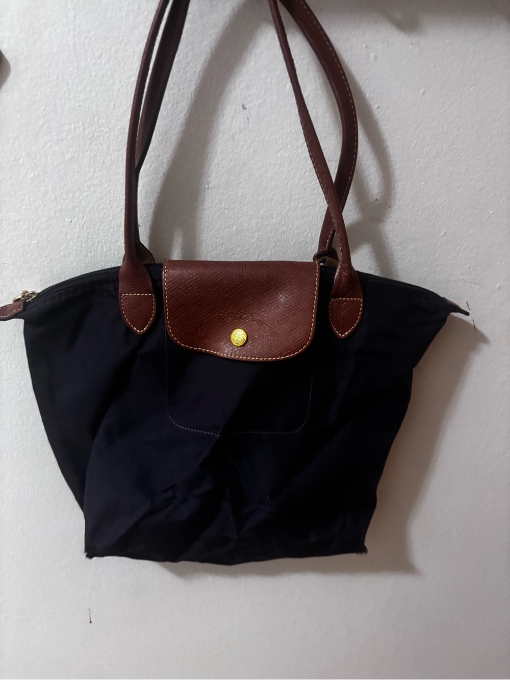 Dark Purple M Longchamp Le Pliagr Tote with Brown Leather Trim